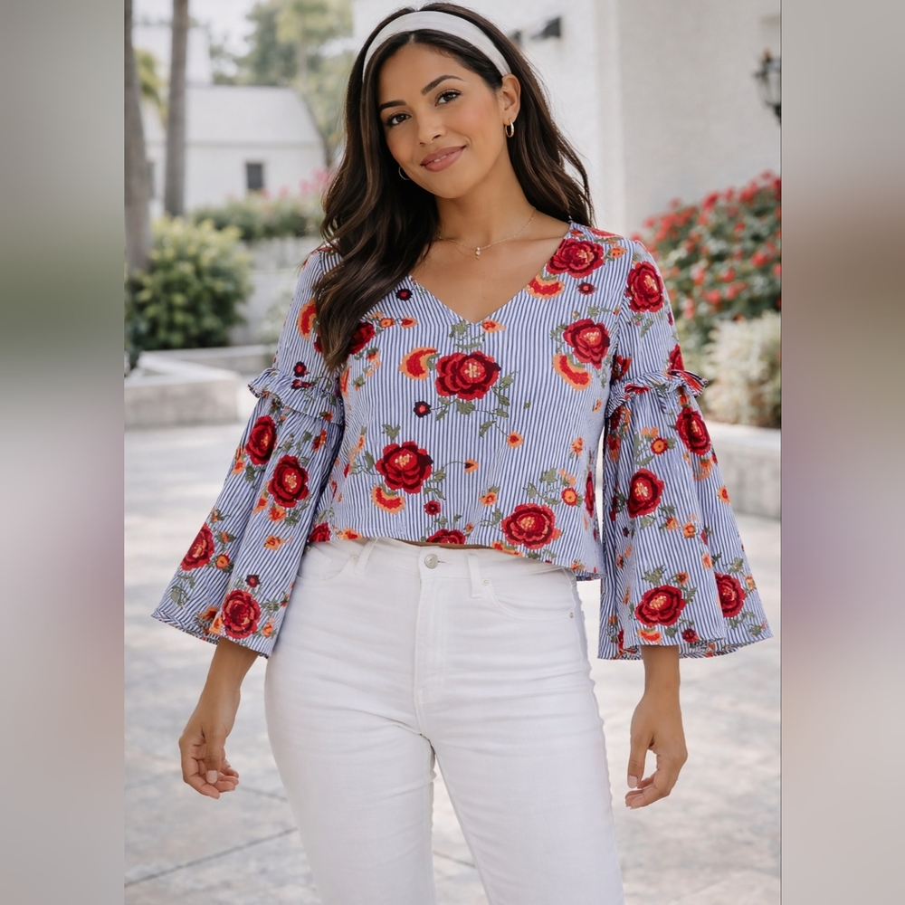 Boston Proper Blue Stripe Embroidered Floral Bell Sleeve Top Size 2